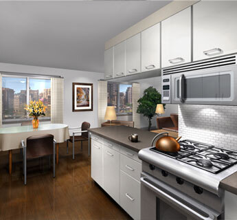 A rendering of one of the apartment kitchens